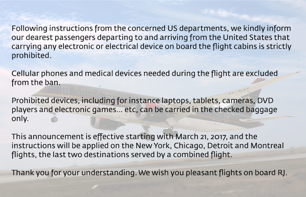 royal jordanian electronics ban