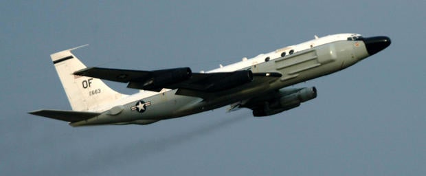 A U.S. RC-135 electronic intelligence collection aircraft takes off on a mission from the U.S. Air Force base in Kadena on the Japanese island of Okinawa Feb. 27, 2003.