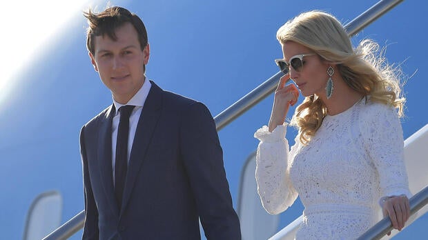 Ivanka Trump, daughter and adviser to President Trump, and her husband Jared Kushner, a senior adviser to the president, step off Air Force One upon arrival at Rome's Fiumicino Airport on May 23, 2017.
