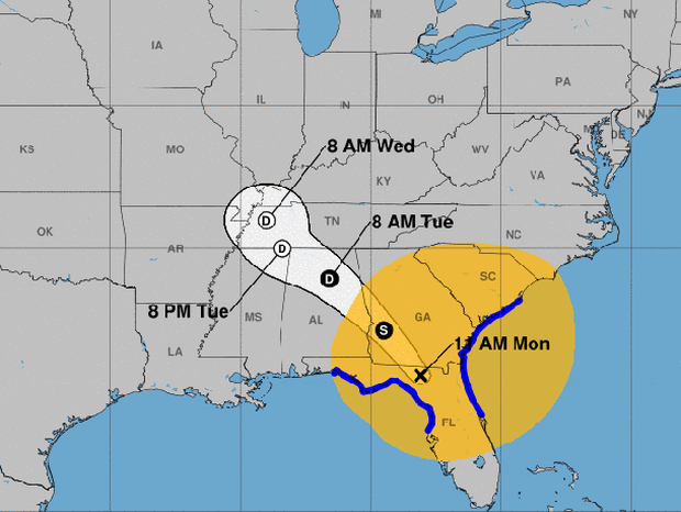 A map shows the projected path for the remnants of Hurricane Irma as of 11 a.m. ET on Sept. 11, 2017. The blue lines represent coastal areas under tropical storm warnings. Areas potentially affected by sustained tropical-storm-force winds are represented in orange.