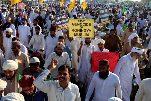 Demonstrators hold placards during a protest rally against what they say is Myanmar's persecution of Rohingya Muslims in Islamabad