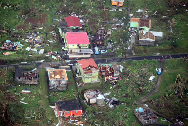 Damaged homes from Hurricane Maria are shown in this aerial photo over the island of Dominica 