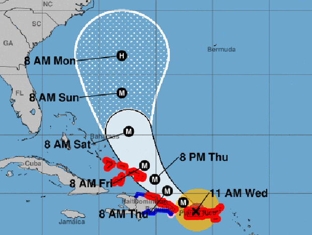 A map shows the probable path for Hurricane Maria as of 11 a.m. ET on Sept. 20, 2017. The M stands for "major hurricane." The red areas represent hurricane warnings. The blue areas represent tropical storm warnings.