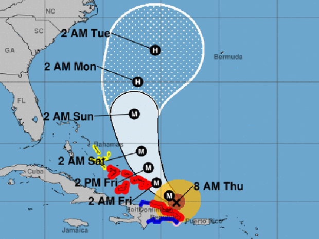A map shows the probable path for Hurricane Maria as of 8 a.m. ET on Sept. 21, 2017. The M stands for 