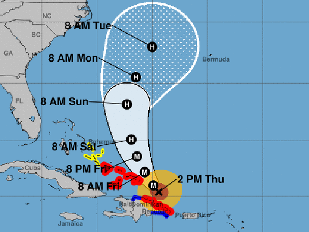 A map shows the probable path for Hurricane Maria as of 2 p.m. ET on Sept. 21, 2017. The M stands for 
