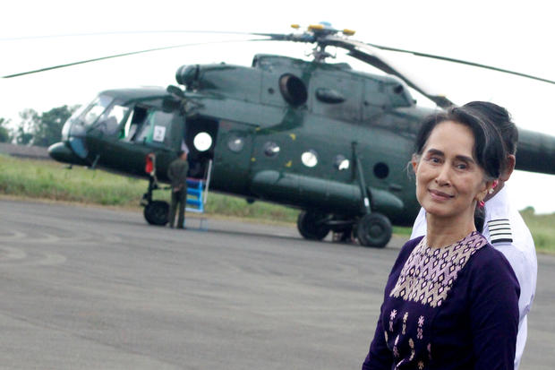 Myanmar's de facto leader Aung San Suu Kyi arrives at Sittwe airport after visiting Maungdaw in the state of Rakhine 