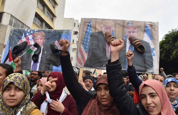 Demonstrators shout slogans during a protest against the U.S. intention to move its embassy to Jerusalem and to recognise the city of Jerusalem as the capital of Israel, in the city of Rabat 