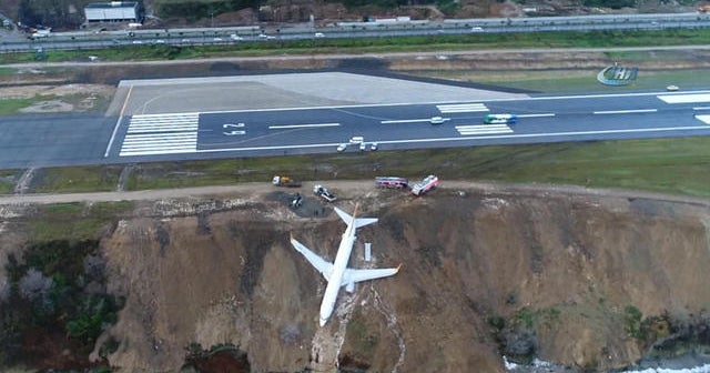 Passenger jet skids off runway and ends up on seaside cliff
