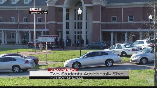 The scene at Huffman High School in Birmingham Ala. where two students were shot in an apparent gun accident on Wed