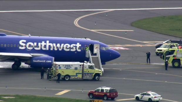 A Southwest Airlines flight is seen after making an emergency landing at Philadelphia International Airport on April 17, 2018.