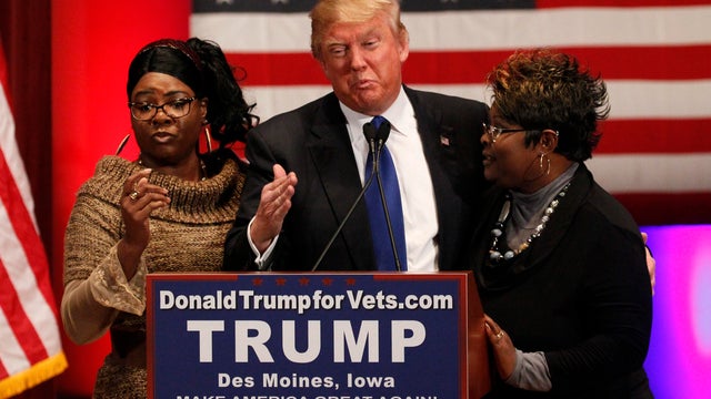 The YouTube stars known as "Diamond & Silk" appear with Republican presidential candidate Donald Trump at his "Rally to Benefit Veterans" in Des Moines 
