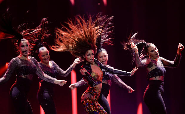 Cyprus's Eleni Foureira performs "Fuego" during the dress rehearsal for the Grand Final of the Eurovision Song Contest 2018 at the Alice Arena hall in Lisbon 