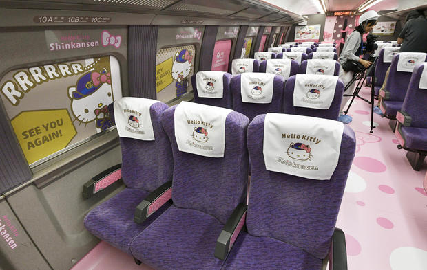 West Japan Railway Co. unveils a Shinkansen bullet train featuring Hello Kitty during the press preview at Nakagawa Town in Fukuoka Prefecture, Japan 