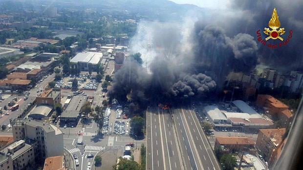 An accident caused a large explosion and fire on a motorway at Borgo Panigale, on the outskirts of Bologna, Italy, Aug. 6, 2018.
