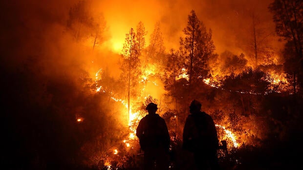 Firefighters monitor a back fire as they battle the Medocino Complex fire on Aug. 7, 2018, near Lodoga, California.
