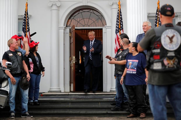 U.S. President Donald Trump meets with supporters from a group called "Bikers for Trump" at Trump National Golf Club in Bedminster, New Jersey, U.S.