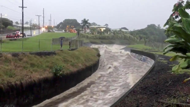 Stormwater flows through a drainage system after Hurricane Lane in Hilo, Hawaii 