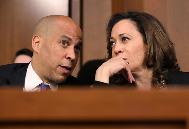 Booker and Harris confer during the confirmation hearing for U.S. Supreme Court nominee judge Brett Kavanaugh on Capitol Hill in Washington? 