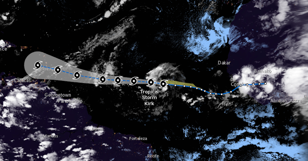 Tropical Storm Kirk speeds up as it moves west across Atlantic