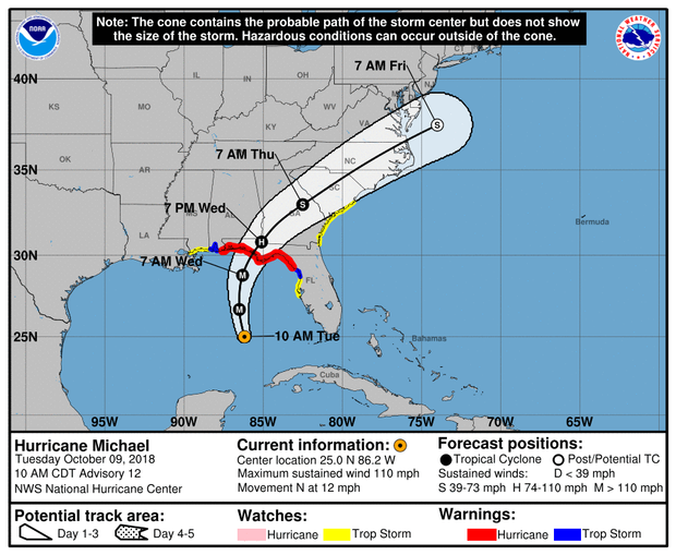 A map made by the National Hurricane Center shows the projected path for Hurricane Michael as of 11 a.m. ET on Oct. 9, 2018.