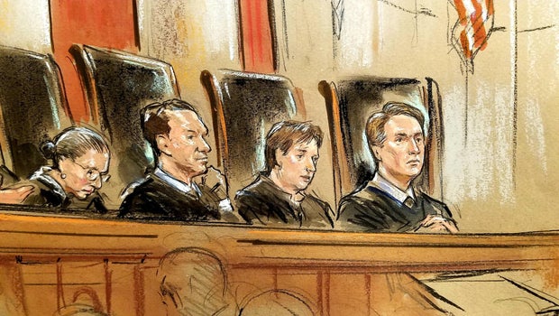 Artist's rendering of Associate Justice Brett Kavanaugh on the Supreme Court bench with fellow justices. William J. Hennessy Jr