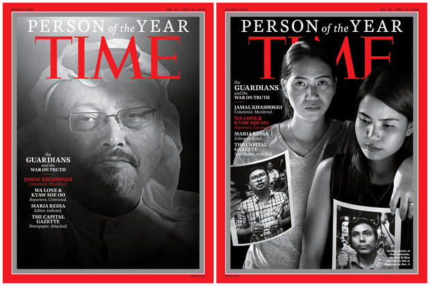 Saudi journalist Jamal Khashoggi, left, and Ma Pan Ei Mon and Chit Su Win, holding photos of their husbands, Reuters journalists Wa Lone and Kyaw Soe Oo, are seen in this combination image of the covers naming the journalists among Time's Person of the Year Dec. 11, 2018. 