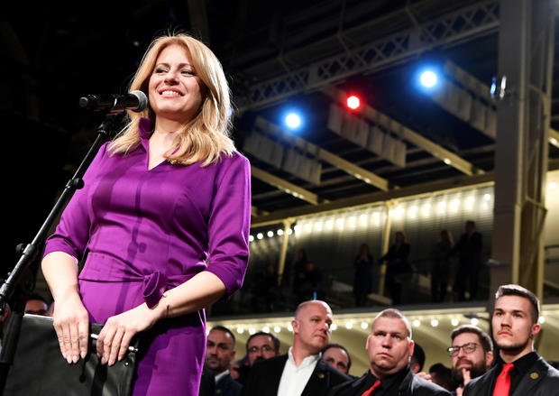 Slovakia's presidential candidate Zuzana Caputova speaks after winning the presidential election, at her party's headquarters in Bratislava 
