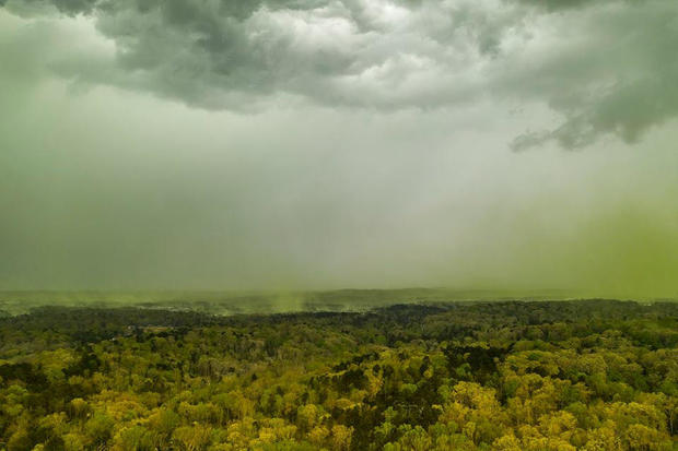 An aerial view shows rainfall over a pollen-affected area in Durham, North Carolin 