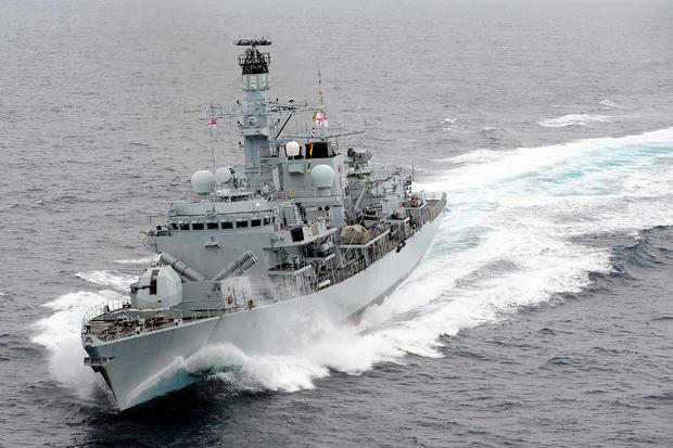 Royal Navy Type 23 frigate HMS Montrose is pictured at speed in the Mediterranean Sea 