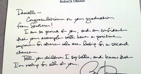 Obama pens letter to woman he freed from prison who is now in college and on the dean's list