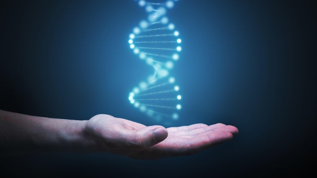 DNA and genetics research concept. Hand is holding glowing DNA molecule in hand. 