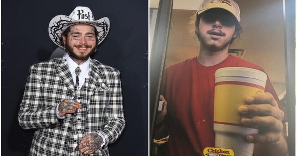 Post Malone crocs: Singer surprises fans with new Crocs at Texas Chicken  Express, the fast food joint he worked at as a teen - CBS News