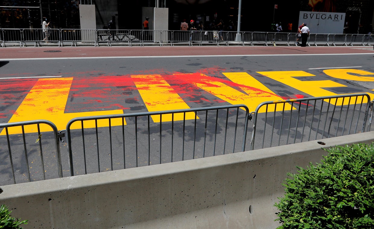 Black Lives Matter mural outside Trump Tower on Fifth Avenue in New York City was vandalized