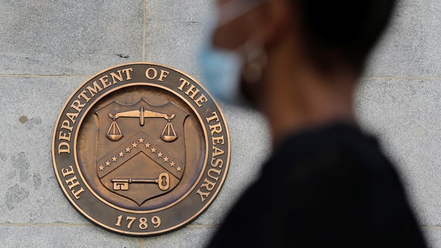 Signage is seen at the United States Department of the Treasury headquarters in Washington, D.C. 