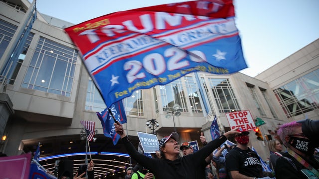 Trump and Biden supporters gathered by the Convention Center in Philadelphia 