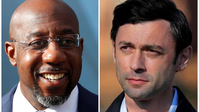 Democratic U.S. Senate candidates Rev. Raphael Warnock and Jon Ossoff are seen in a combination of photographs 