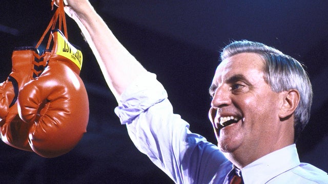 Dem Pres candidate Walter Mondale on the stump holding 