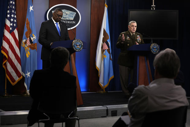 Defense Secretary Lloyd Austin And Joint Chiefs of Staff Chairman Gen. Mark Milley Hold Briefing At Pentagon 