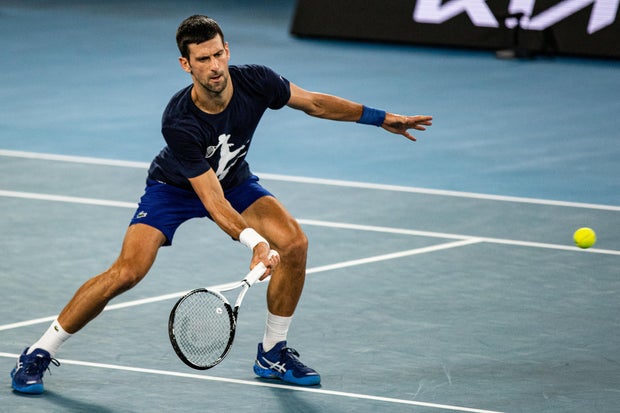 Serbian tennis player Novak Djokovic practices at Melbourne Park