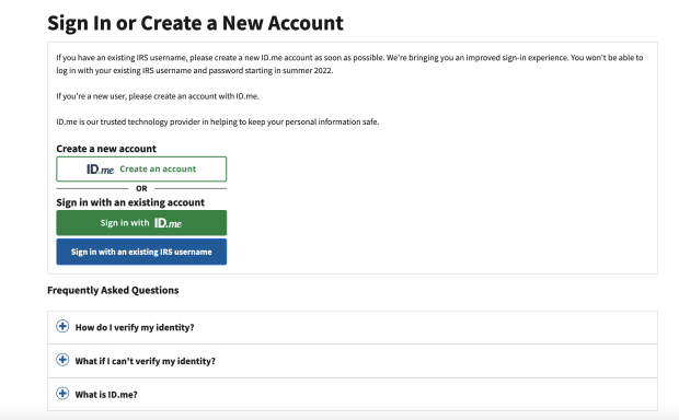 Screenshot of sign-up page for ID.me on IRS.gov 