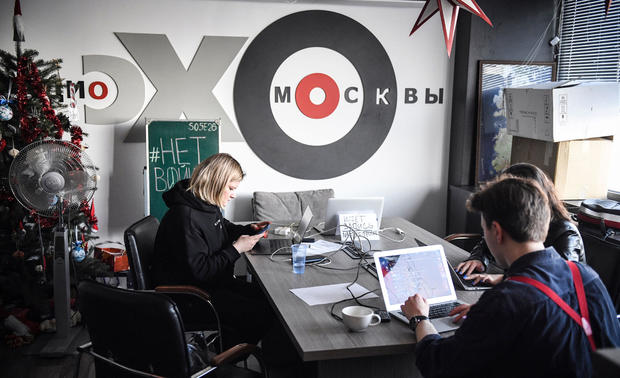 Journalists work at the office of Echo of Moscow radio in Moscow on March 3, 2022. 