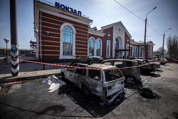 Calcinated cars are seen outside a train station in Kramatorsk in eastern Ukraine after it was hit by a rocket attack April 8, 2022. 