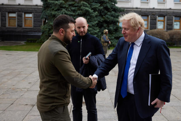 Ukrainian President Volodymyr Zelenskyy and U.K. Prime Minister Boris Johnson met in Kyiv, Ukraine, on April 9, 2022. 