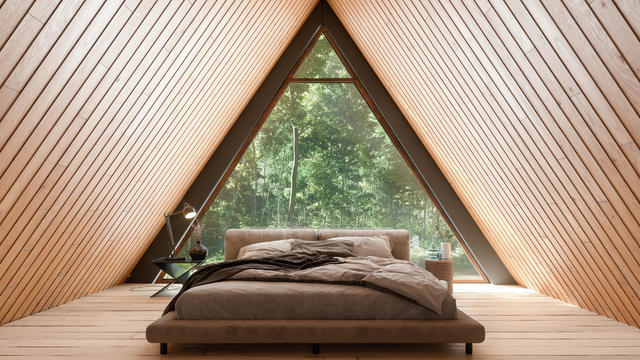 Wooden Tiny House Interior With Bed Furniture And Triangular Window. 